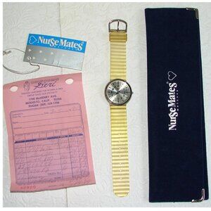 Vtg 1990 Nurse Mates WATCH w/Orig Case & Papers, Rubber Band, Hong Kong B67